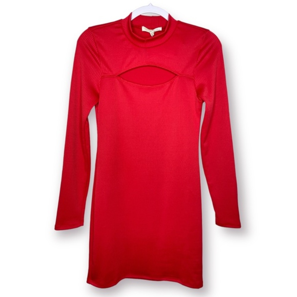 Rewind Juniors Size M Red Cutout Mock Neck Holiday Ribbed Bodycon Dress $40